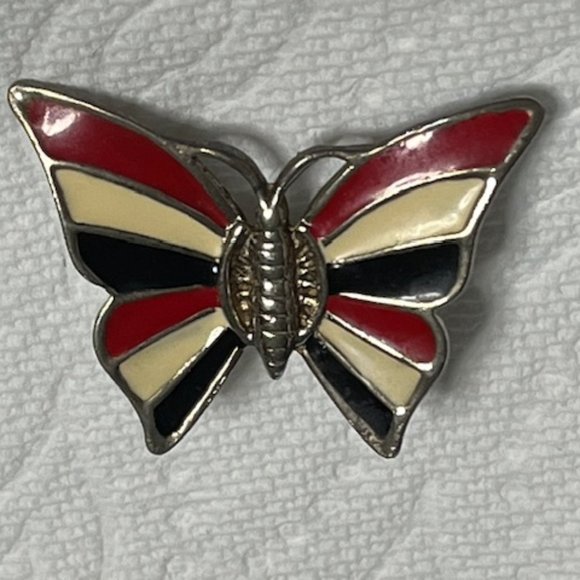 VTG Patriotic Red White Blue Enamel Butterfly Brooch Hat Scarf Pin 1.75"x1.25" - Picture 6 of 13